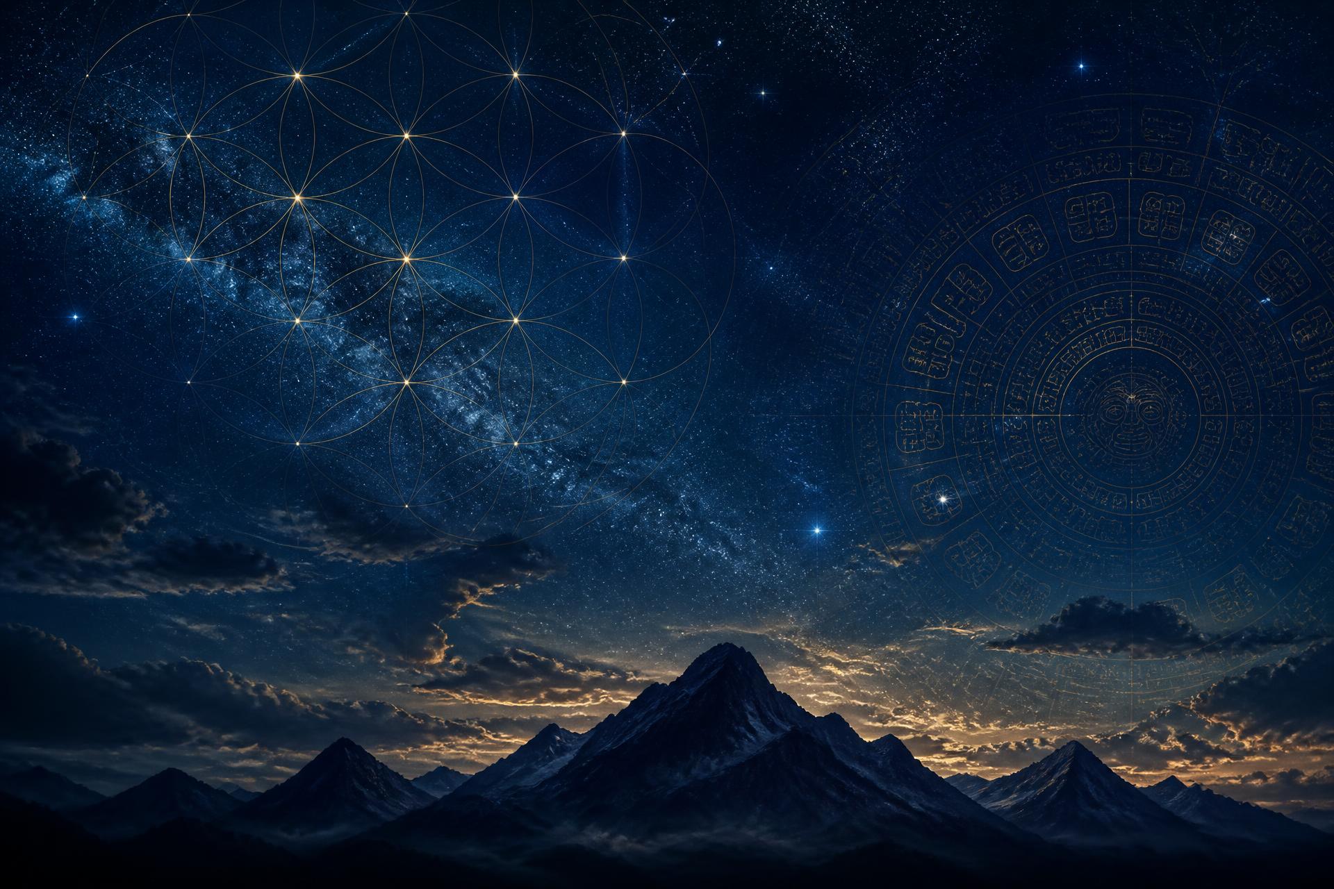 Cielo estrellado con geometría sagrada y rueda del calendario maya